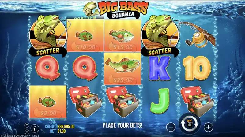 Big Bass Bonanza free spins round with Fisherman Wild collecting Money Fish symbols
